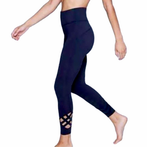 Athleta Navy High Rise Sublime 7/8 Tights Leggings Criss Cross Ankle Sz Medium